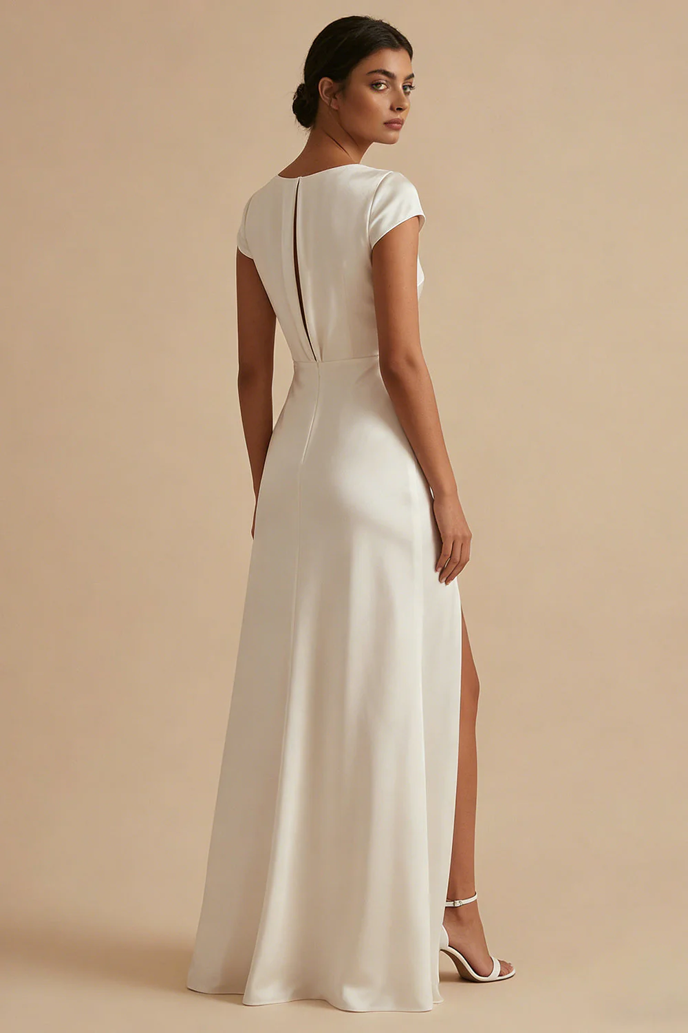 White Cowl Neck Sheath Long Rehearsal Dinner Dress with Slit - Image 2