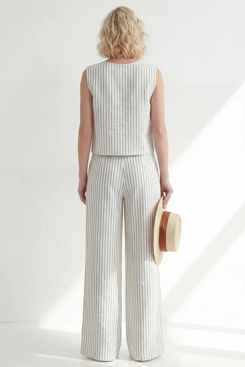 White Crew Neck Stripe Sleeveless Women Suit - Image 2