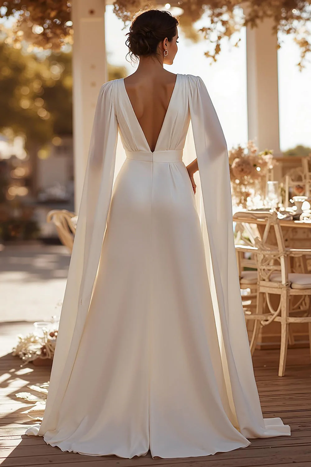 White Deep V-Neck Bridal Jumpsuits with Cape - Image 2
