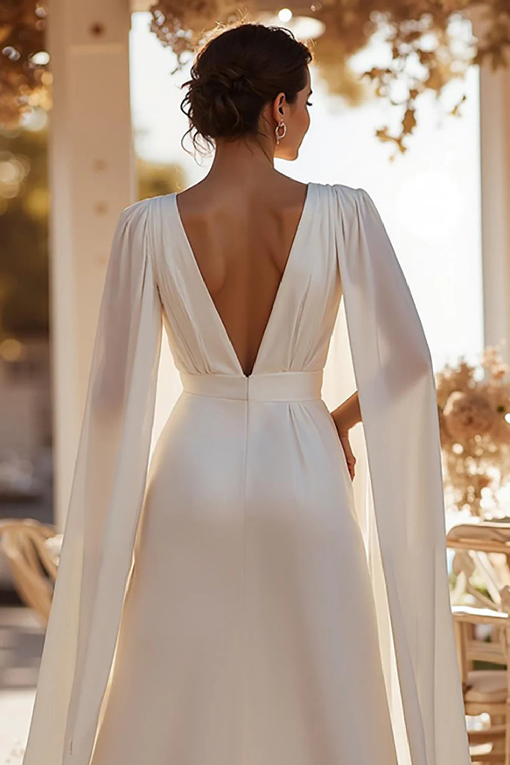 White Deep V-Neck Bridal Jumpsuits with Cape - Image 4