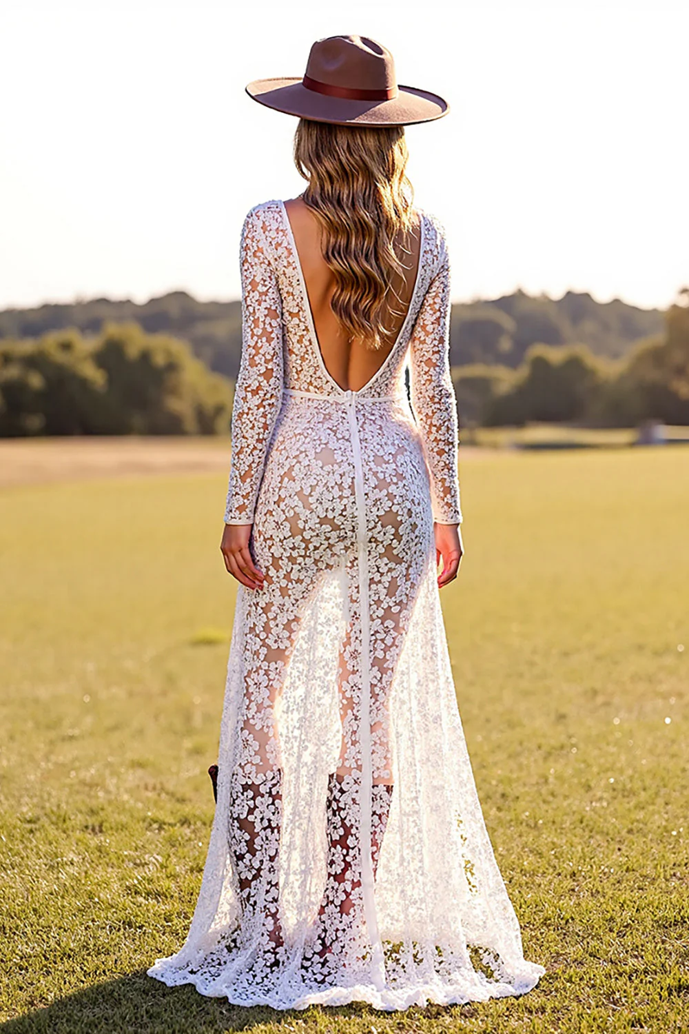 White Deep V Neck Sheath Lace Western Wedding Dress with Slit - Image 2