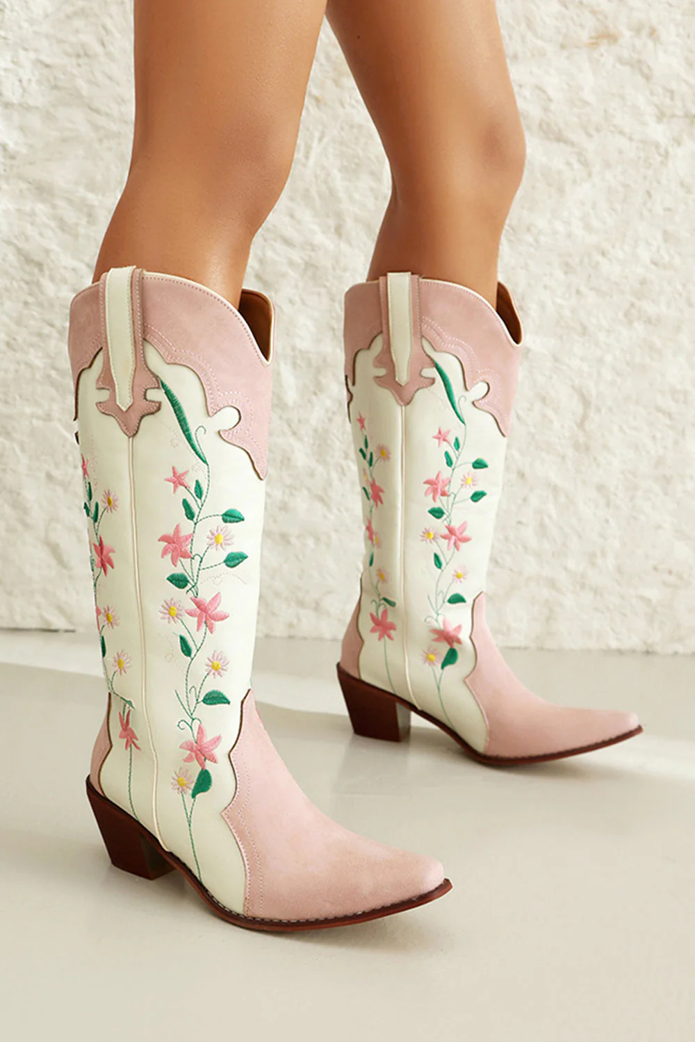 White Embroidered Knee High Wide Calf Chunky Heel Cowgirl Boots - Image 3