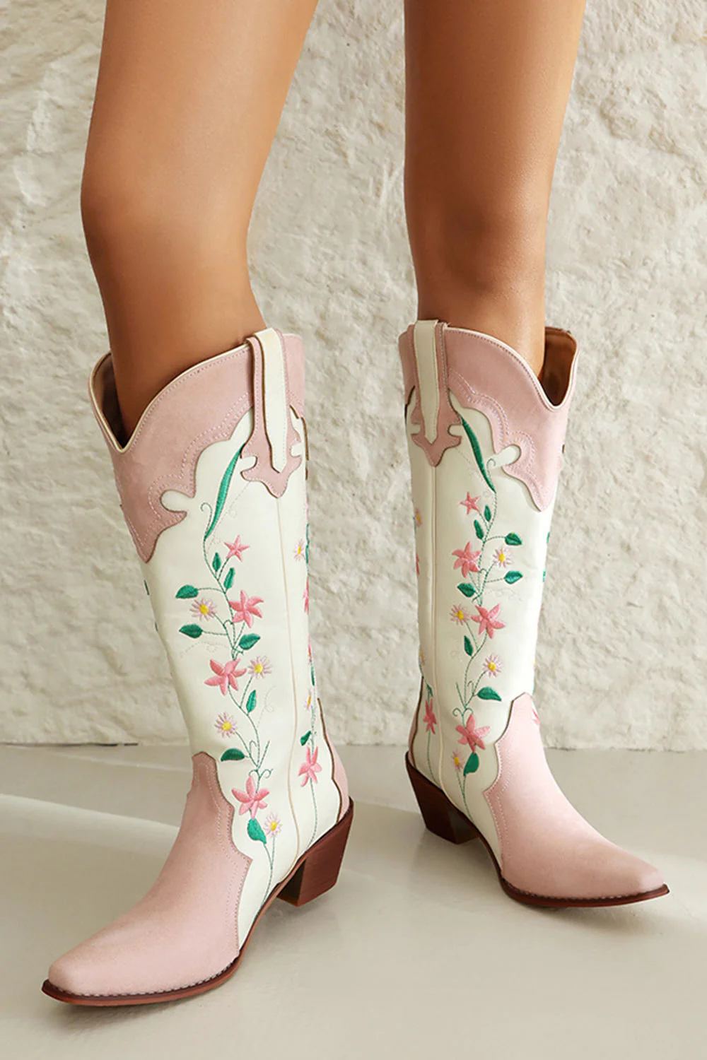 White Embroidered Knee High Wide Calf Chunky Heel Cowgirl Boots - Image 5