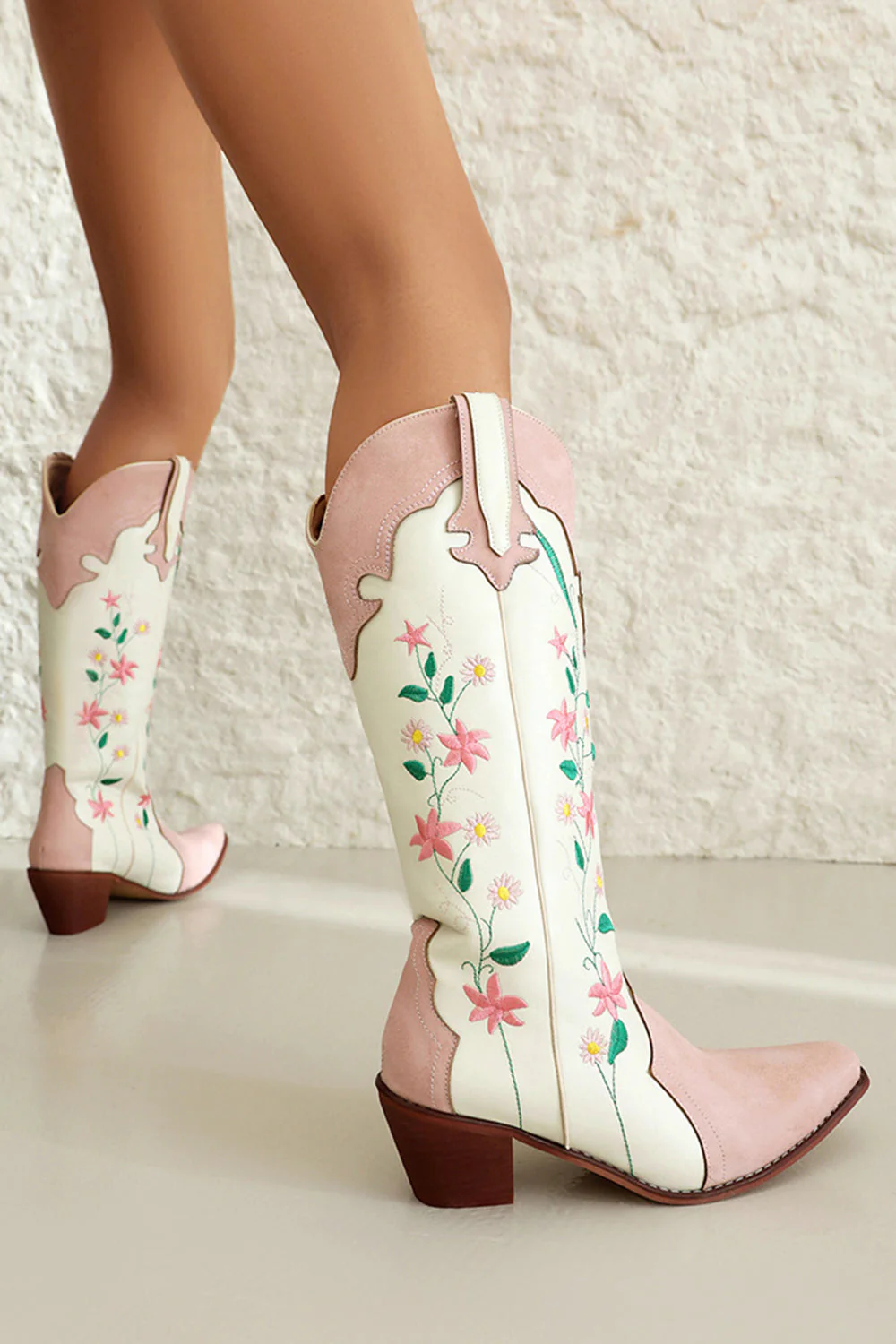 White Embroidered Knee High Wide Calf Chunky Heel Cowgirl Boots - Image 6