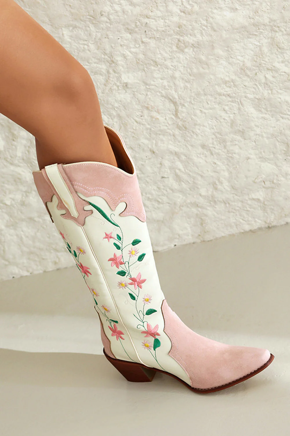 White Embroidered Knee High Wide Calf Chunky Heel Cowgirl Boots - Image 7