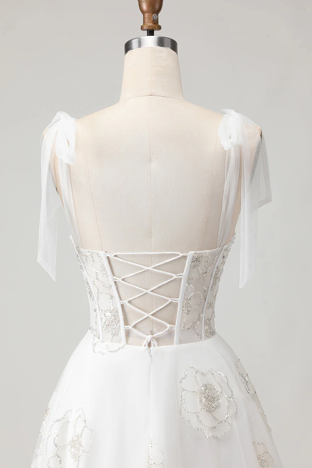 White Embroidered Tulle Corset A-Line Long Wedding Dress with BowKnot - Image 10
