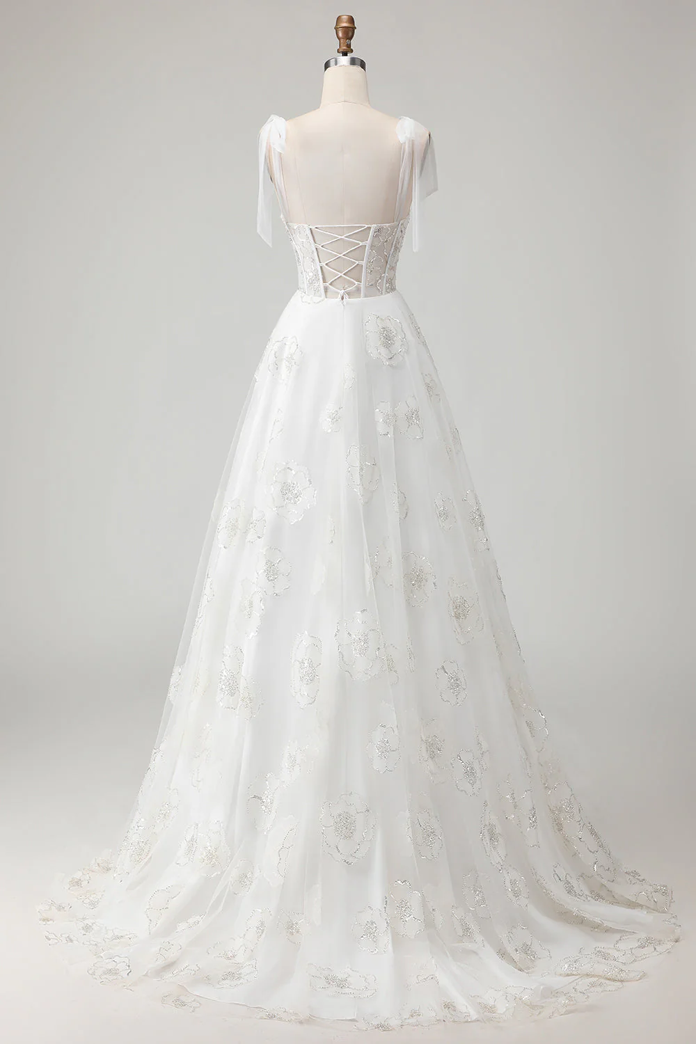 White Embroidered Tulle Corset A-Line Long Wedding Dress with BowKnot - Image 2