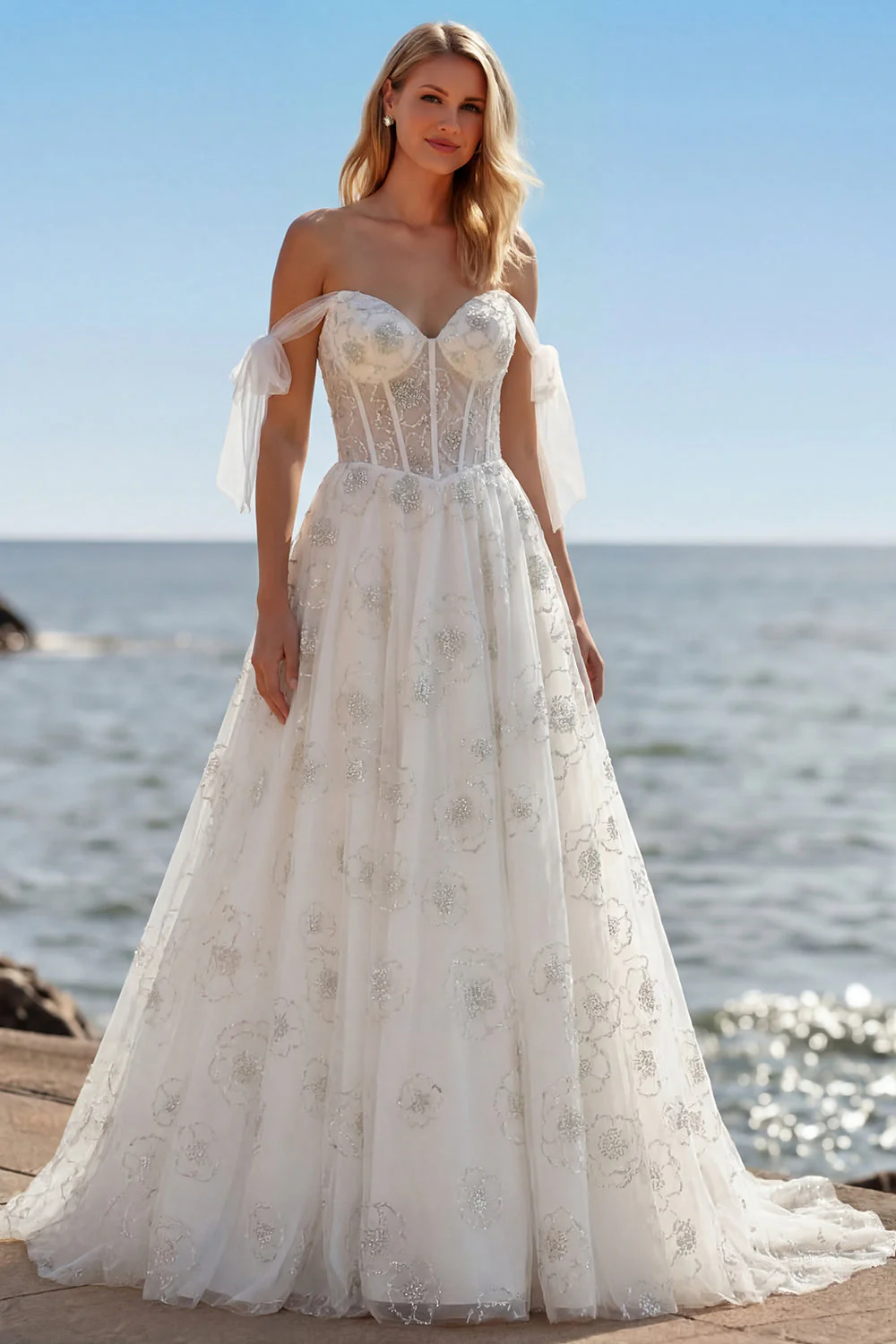 White Embroidered Tulle Corset A-Line Long Wedding Dress with BowKnot - Image 3
