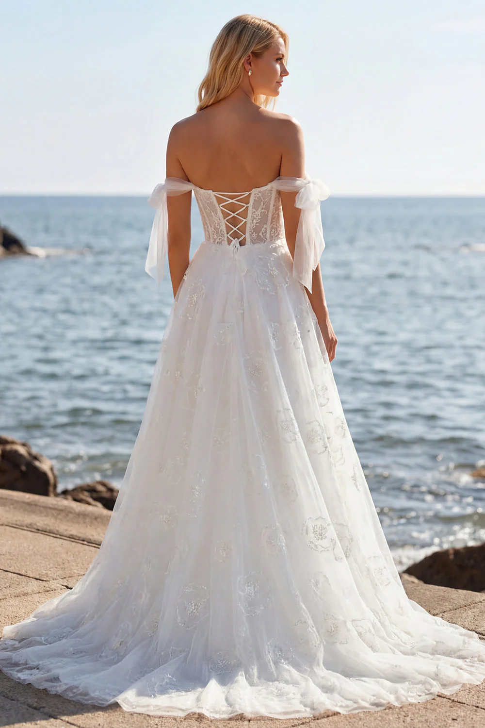 White Embroidered Tulle Corset A-Line Long Wedding Dress with BowKnot - Image 4
