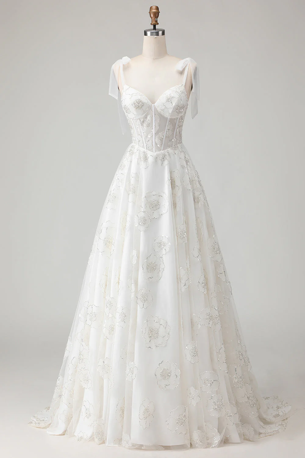 White Embroidered Tulle Corset A-Line Long Wedding Dress with BowKnot - Image 5