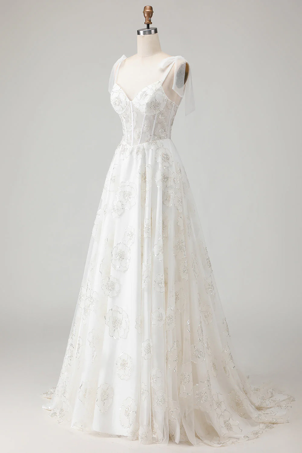 White Embroidered Tulle Corset A-Line Long Wedding Dress with BowKnot - Image 6