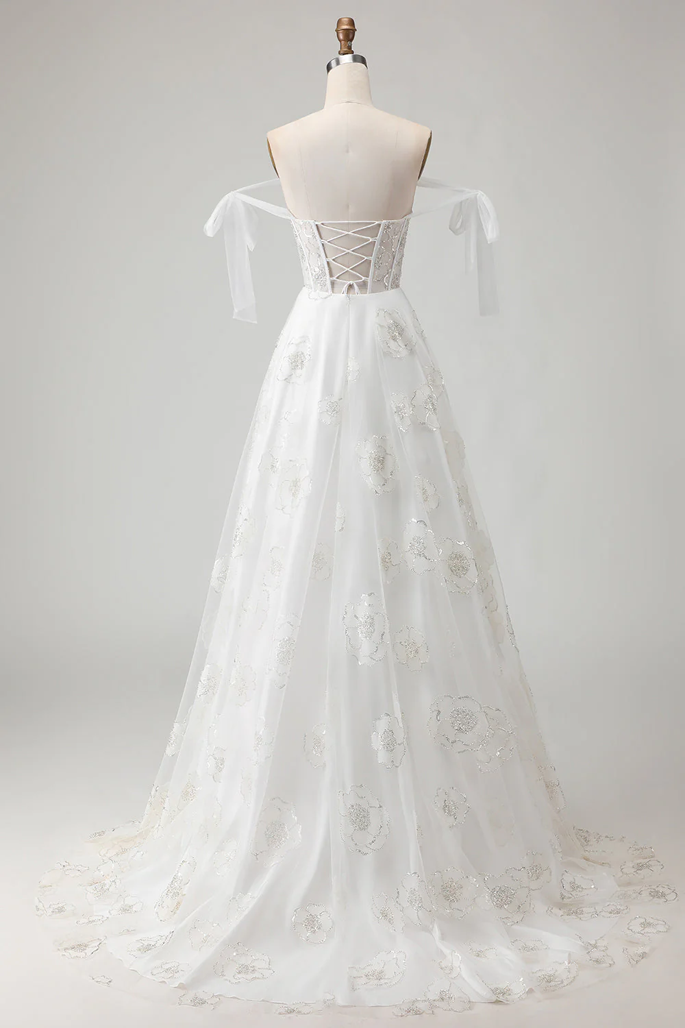 White Embroidered Tulle Corset A-Line Long Wedding Dress with BowKnot - Image 7