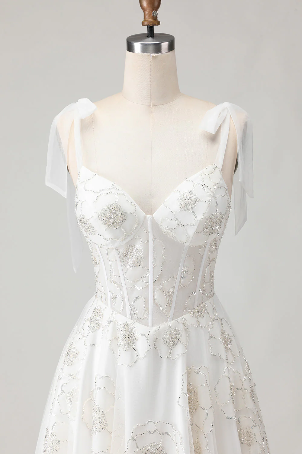 White Embroidered Tulle Corset A-Line Long Wedding Dress with BowKnot - Image 8