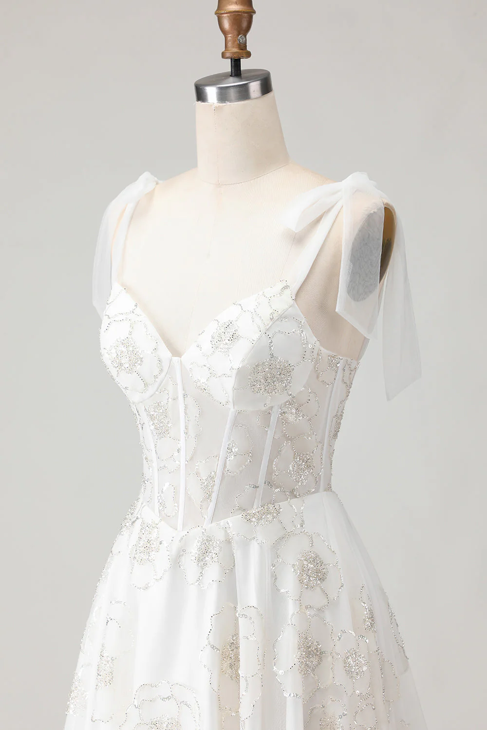 White Embroidered Tulle Corset A-Line Long Wedding Dress with BowKnot - Image 9