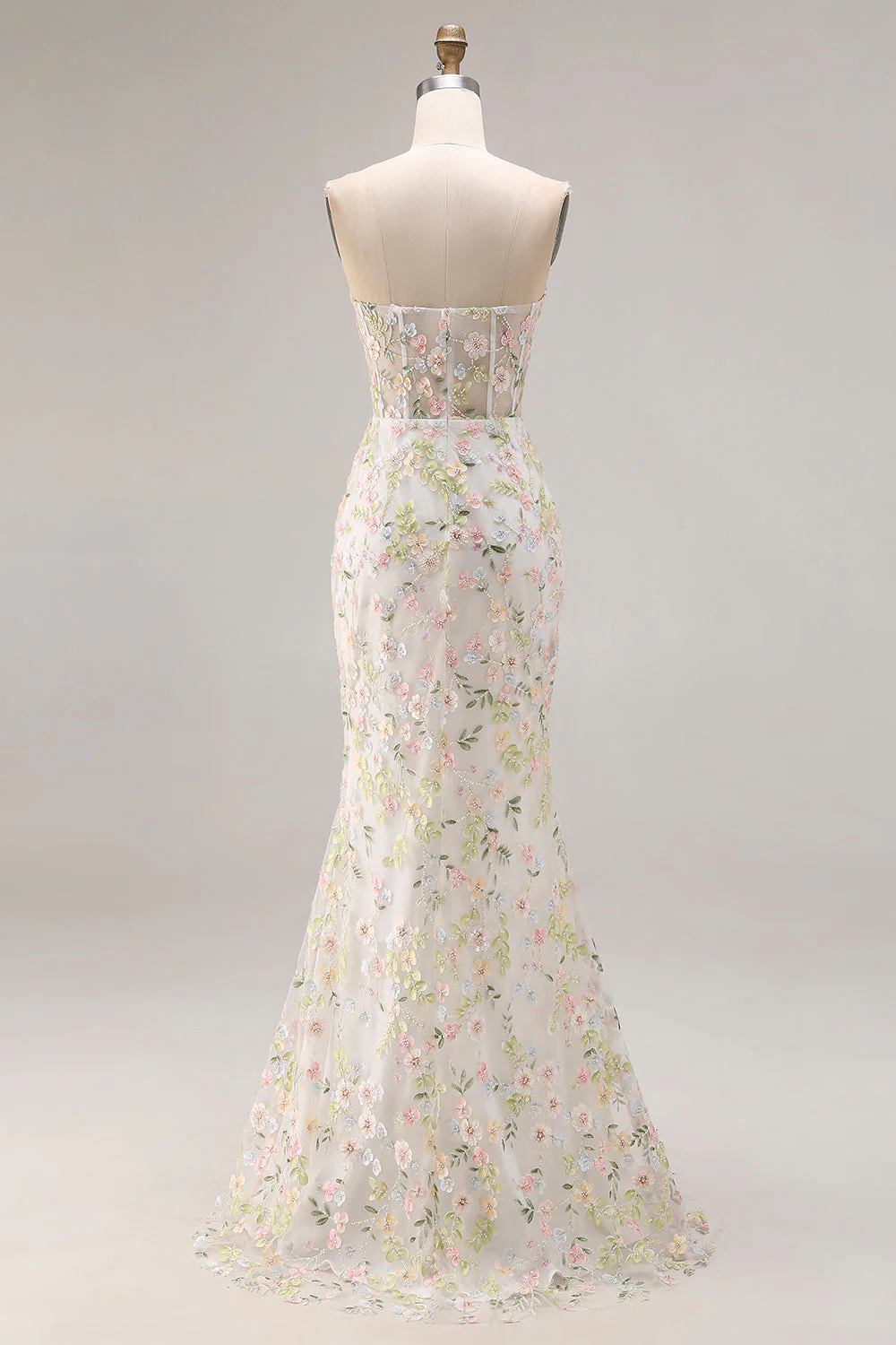 White Flower Strapless Mermaid Corset Long Prom Dress with Slit - Image 2