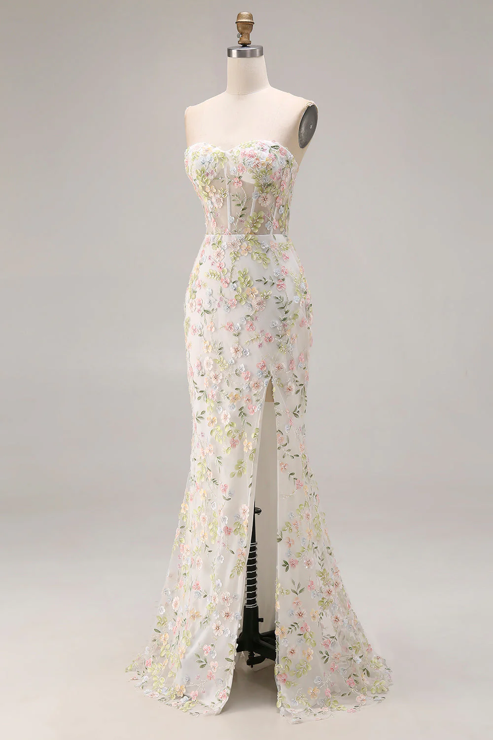 White Flower Strapless Mermaid Corset Long Prom Dress with Slit - Image 3