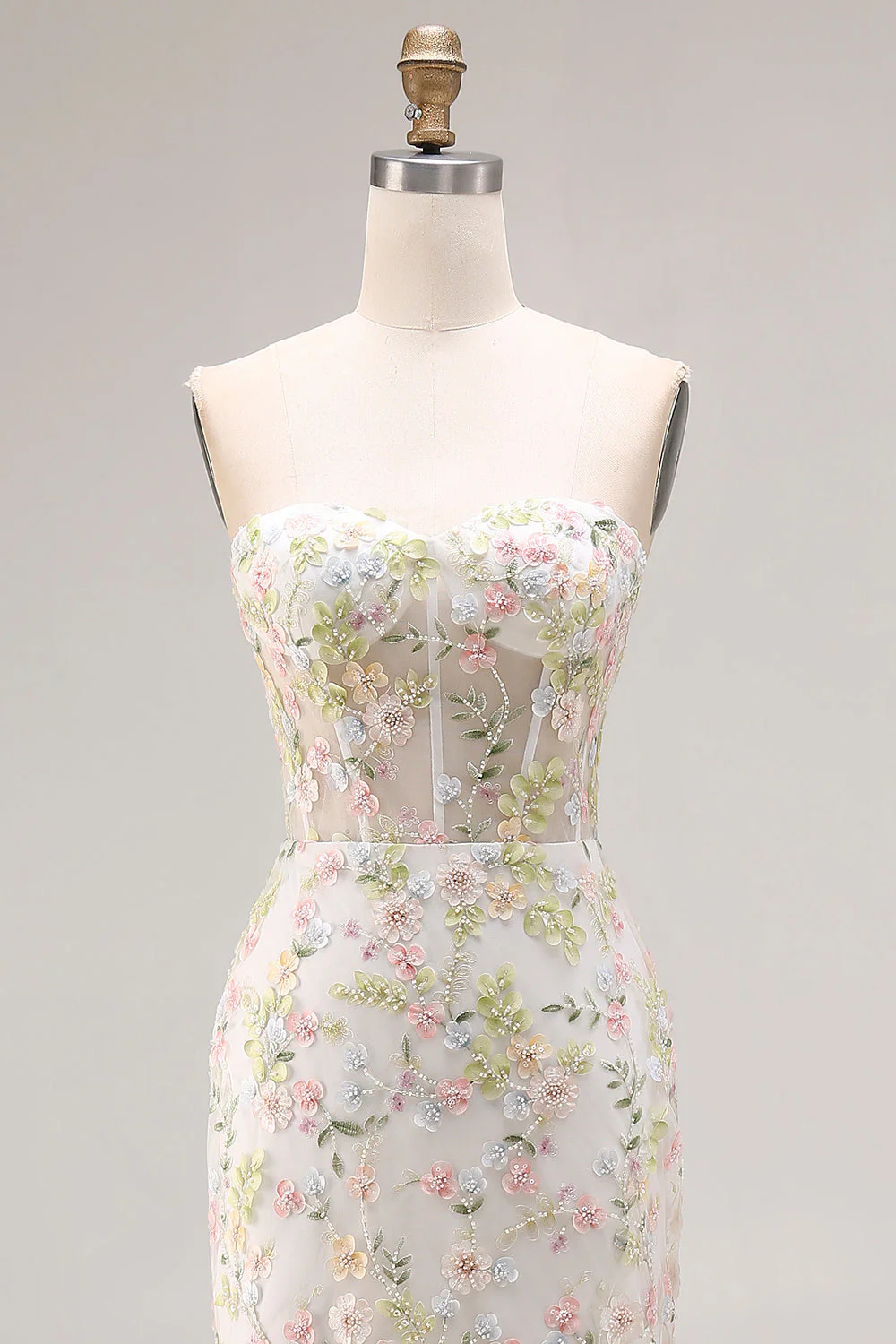 White Flower Strapless Mermaid Corset Long Prom Dress with Slit - Image 4