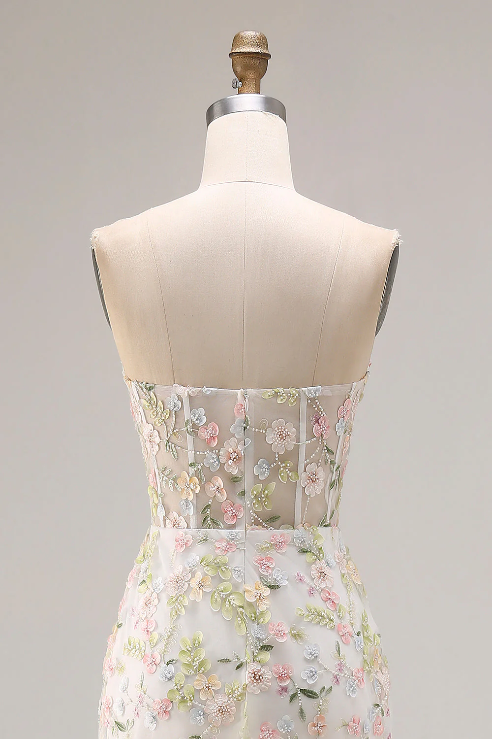 White Flower Strapless Mermaid Corset Long Prom Dress with Slit - Image 5