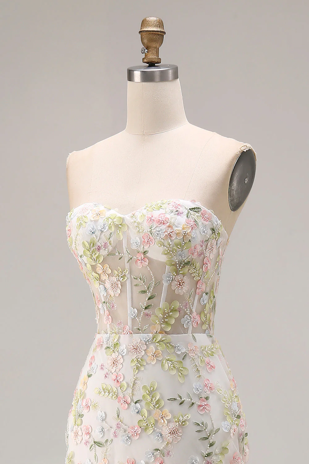 White Flower Strapless Mermaid Corset Long Prom Dress with Slit - Image 6