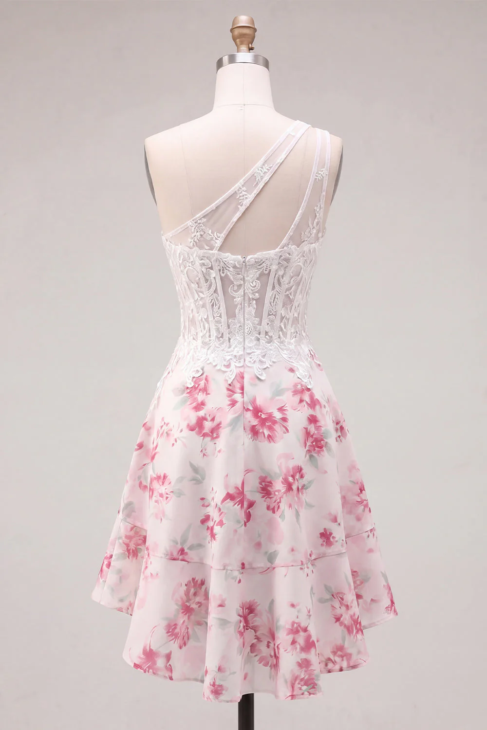 One Shoulder A Line White Fuchsia Flower Corset Cocktail Dress with Ruffles - Image 2
