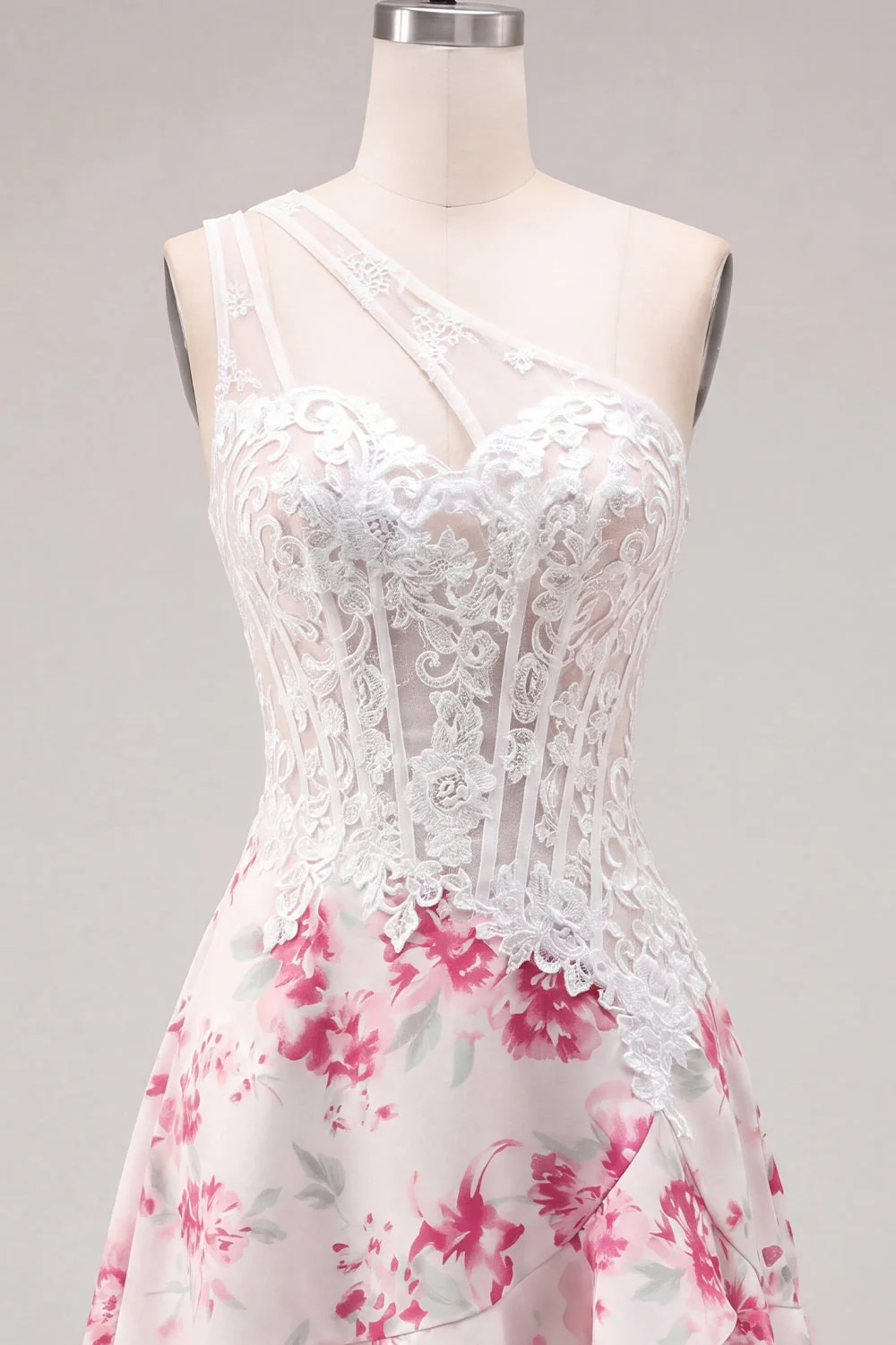 One Shoulder A Line White Fuchsia Flower Corset Cocktail Dress with Ruffles - Image 5