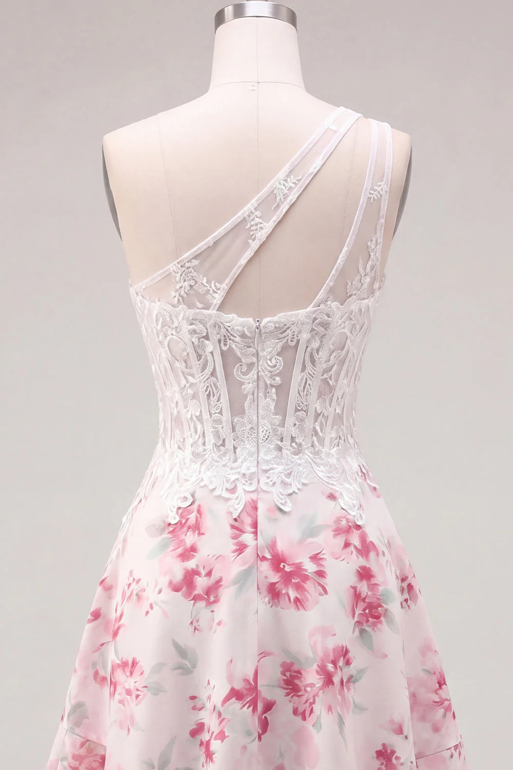 One Shoulder A Line White Fuchsia Flower Corset Cocktail Dress with Ruffles - Image 6