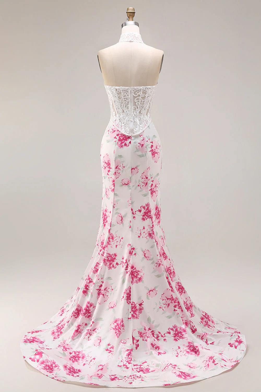 White Fuchsia Flower Lace Corset Mermaid Long Prom Dress - Image 2