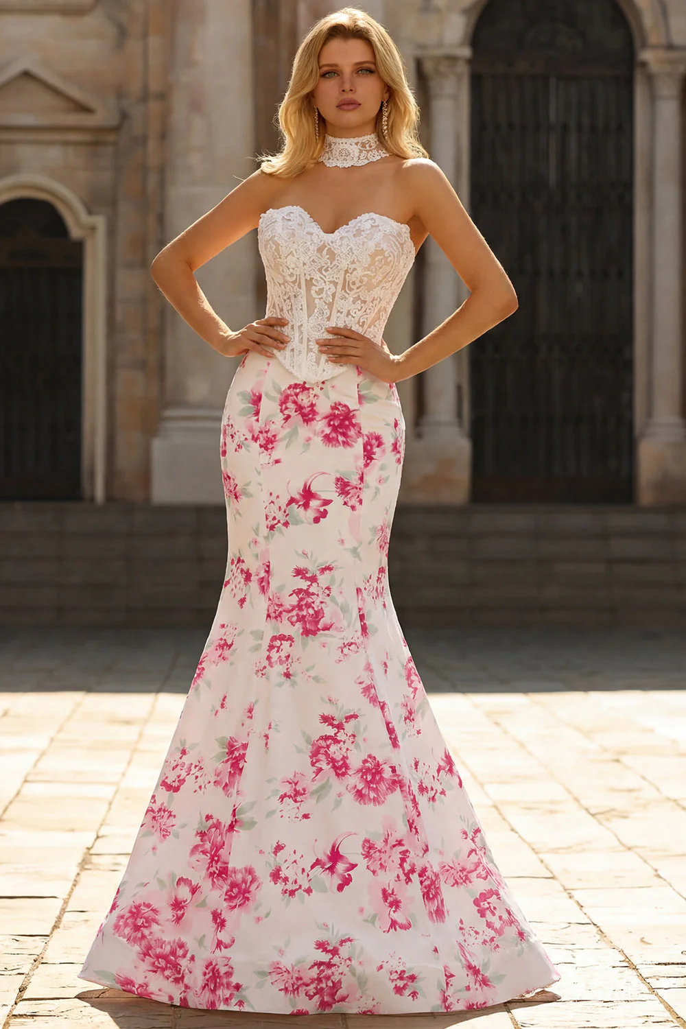 White Fuchsia Flower Lace Corset Mermaid Long Prom Dress - Image 3