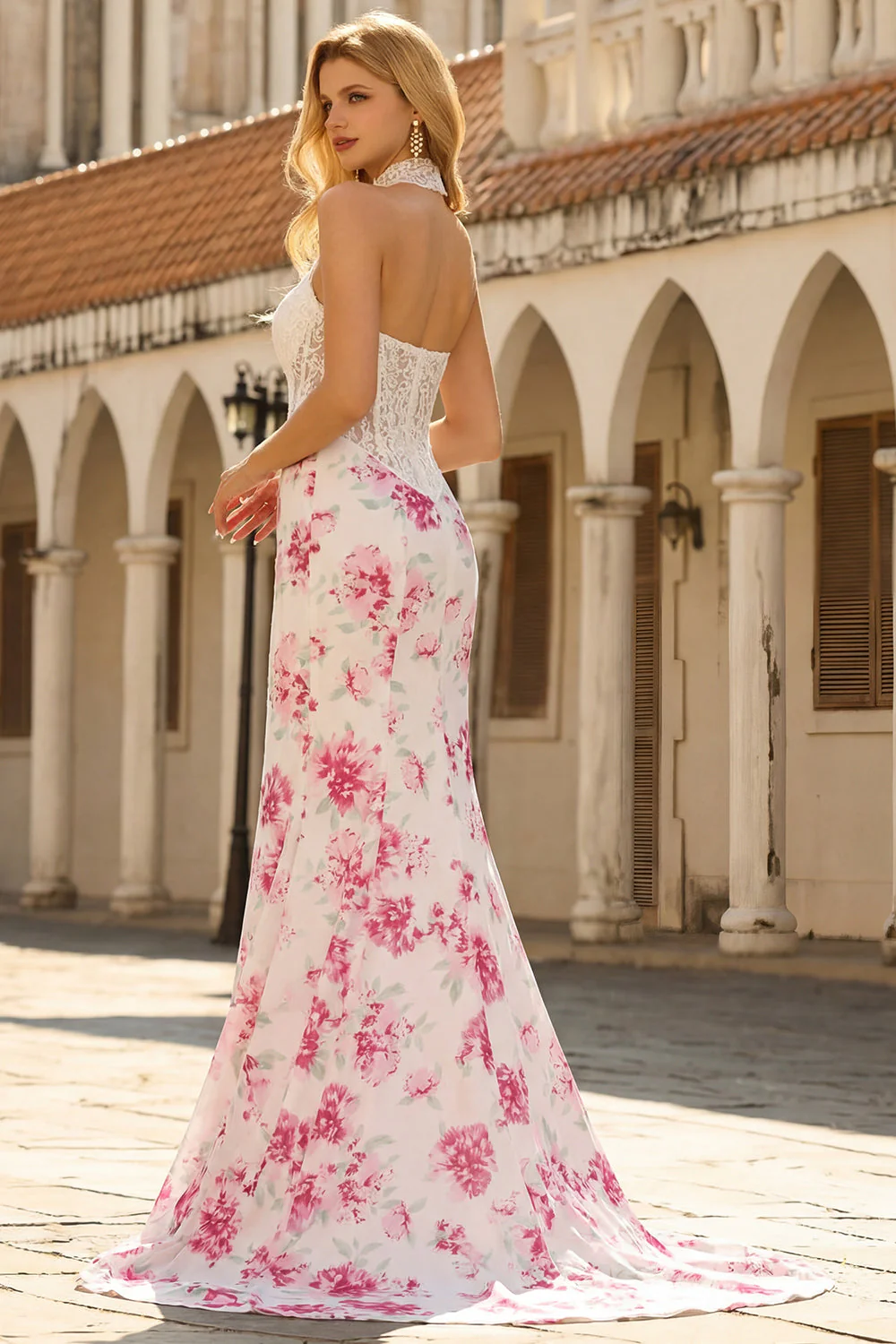 White Fuchsia Flower Lace Corset Mermaid Long Prom Dress - Image 4