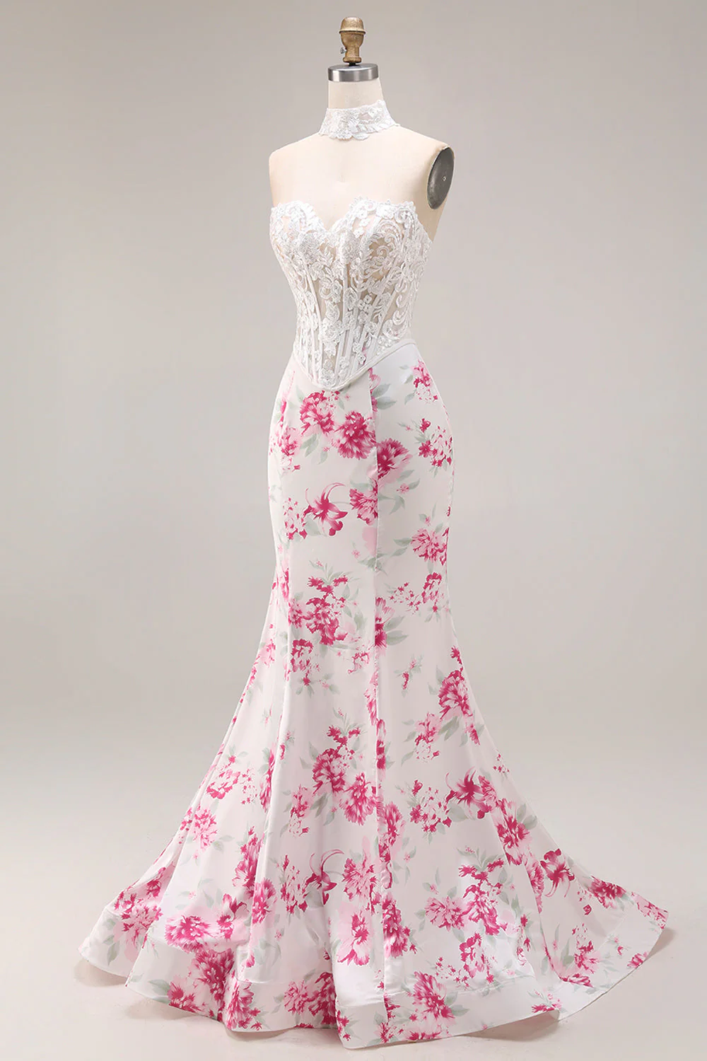 White Fuchsia Flower Lace Corset Mermaid Long Prom Dress - Image 5