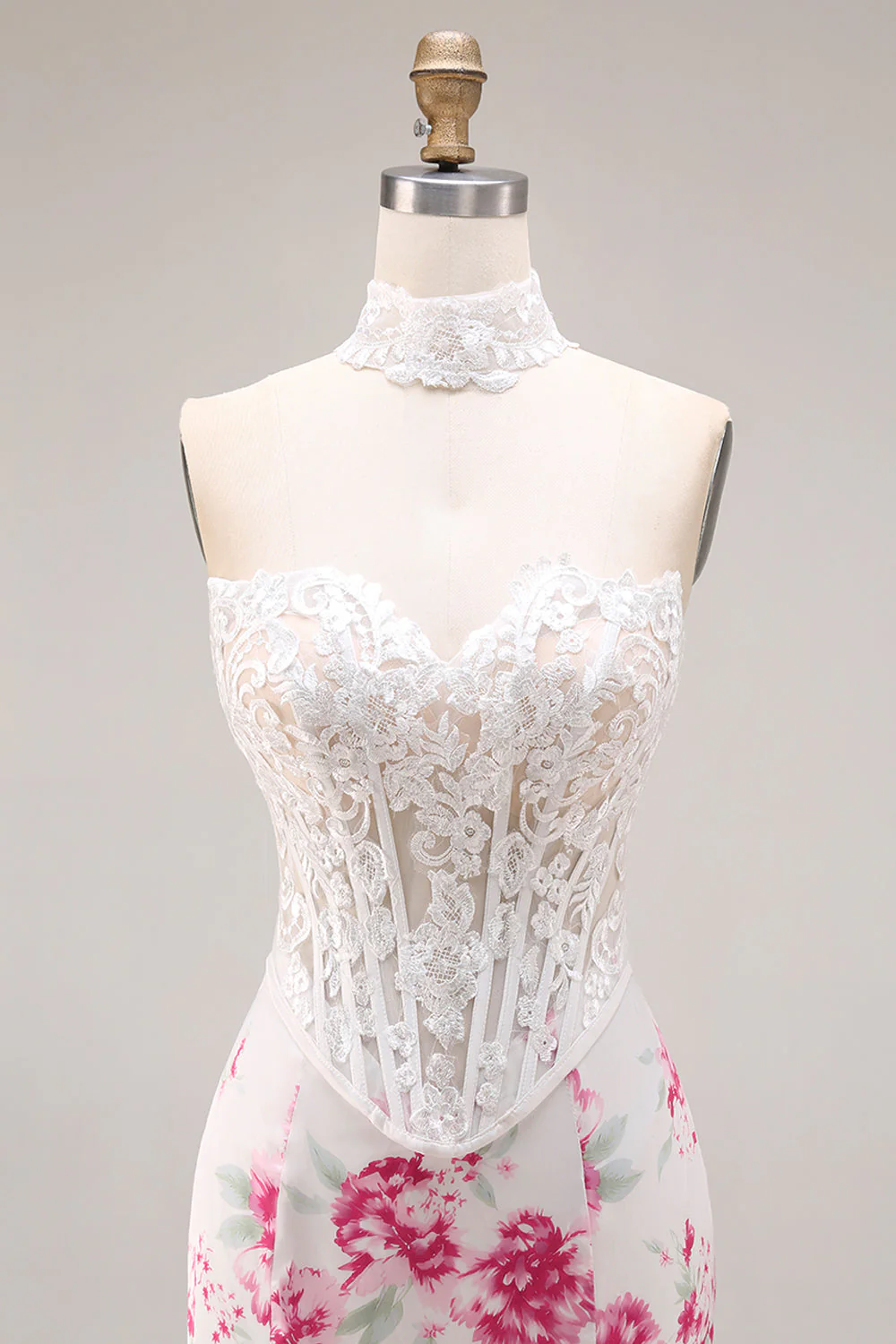 White Fuchsia Flower Lace Corset Mermaid Long Prom Dress - Image 6