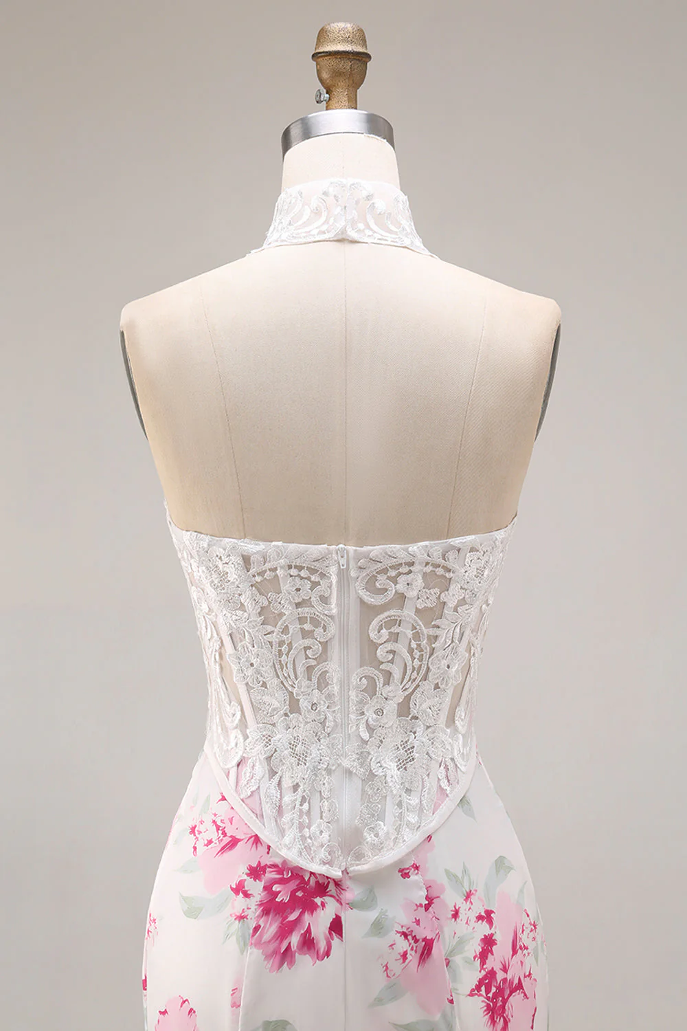 White Fuchsia Flower Lace Corset Mermaid Long Prom Dress - Image 7