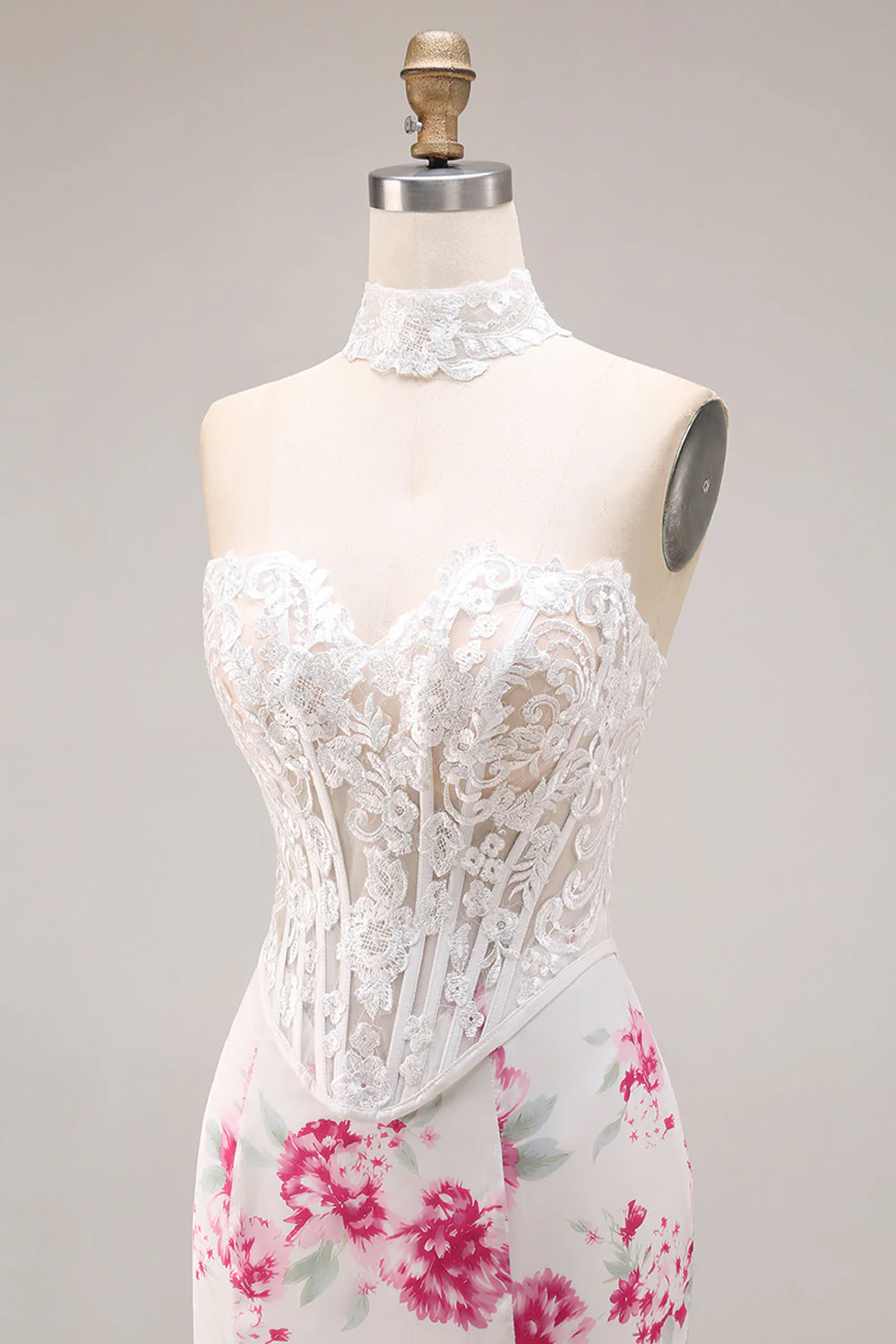White Fuchsia Flower Lace Corset Mermaid Long Prom Dress - Image 8