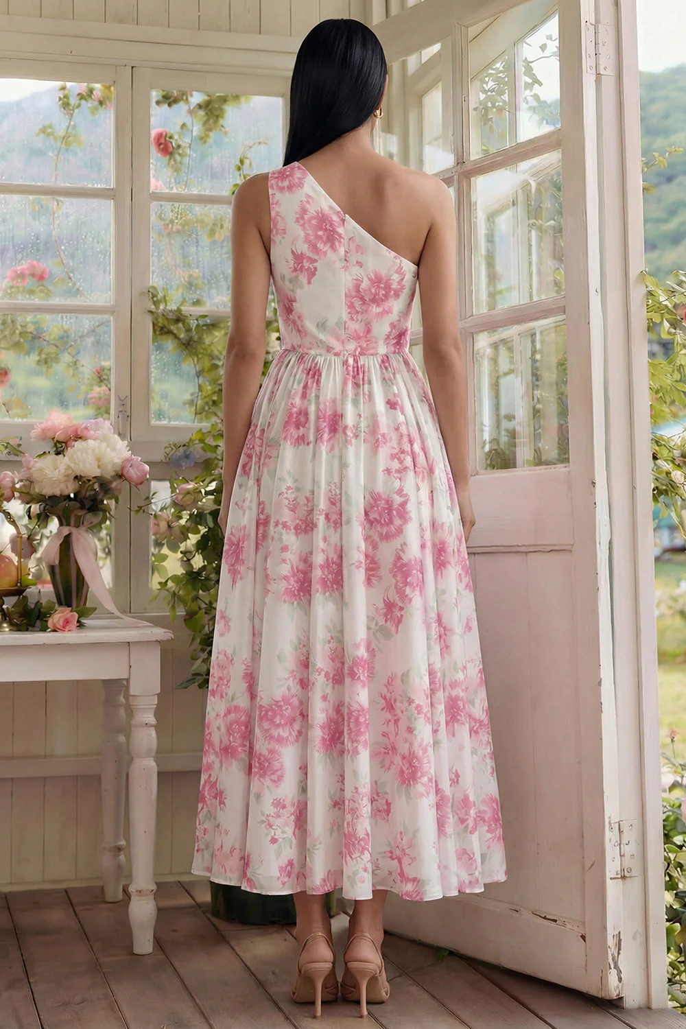 White Fuchsia Flower Printed One Shoulder A Line Midi Dress - Image 2