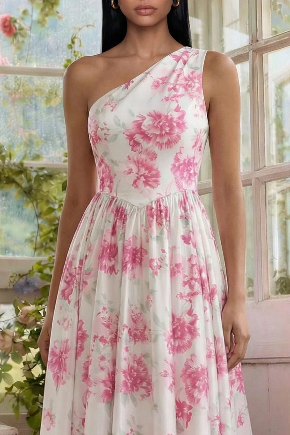 White Fuchsia Flower Printed One Shoulder A Line Midi Dress - Image 3