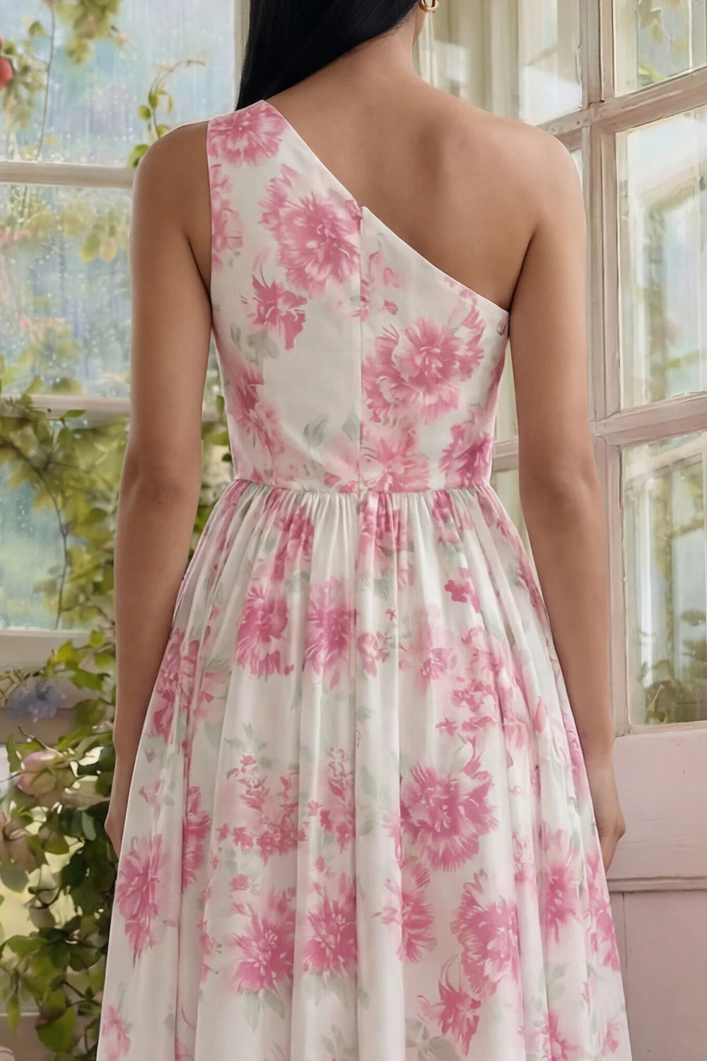 White Fuchsia Flower Printed One Shoulder A Line Midi Dress - Image 4