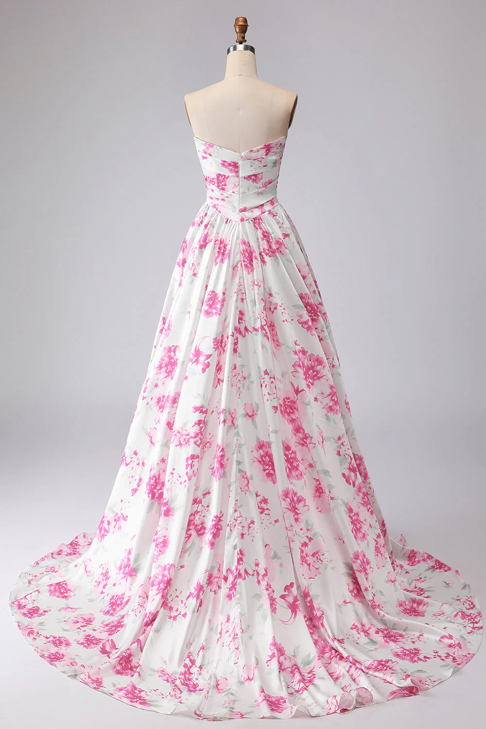 Strapless A-Line White Fuchsia Flower Printed Pleated Long Prom Dress - Image 2