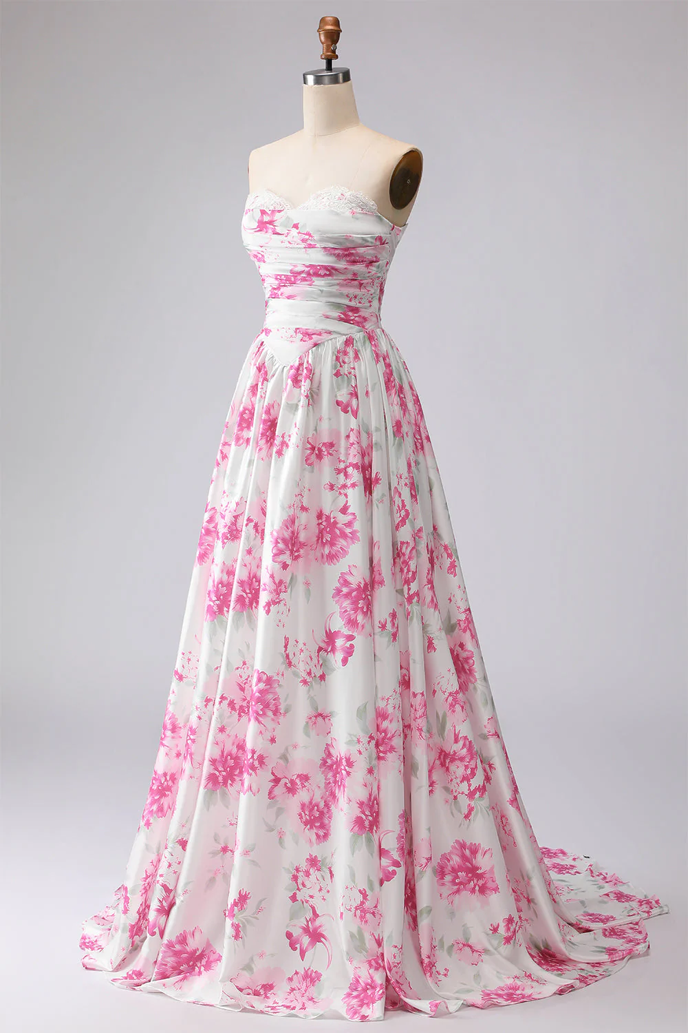 Strapless A-Line White Fuchsia Flower Printed Pleated Long Prom Dress - Image 3