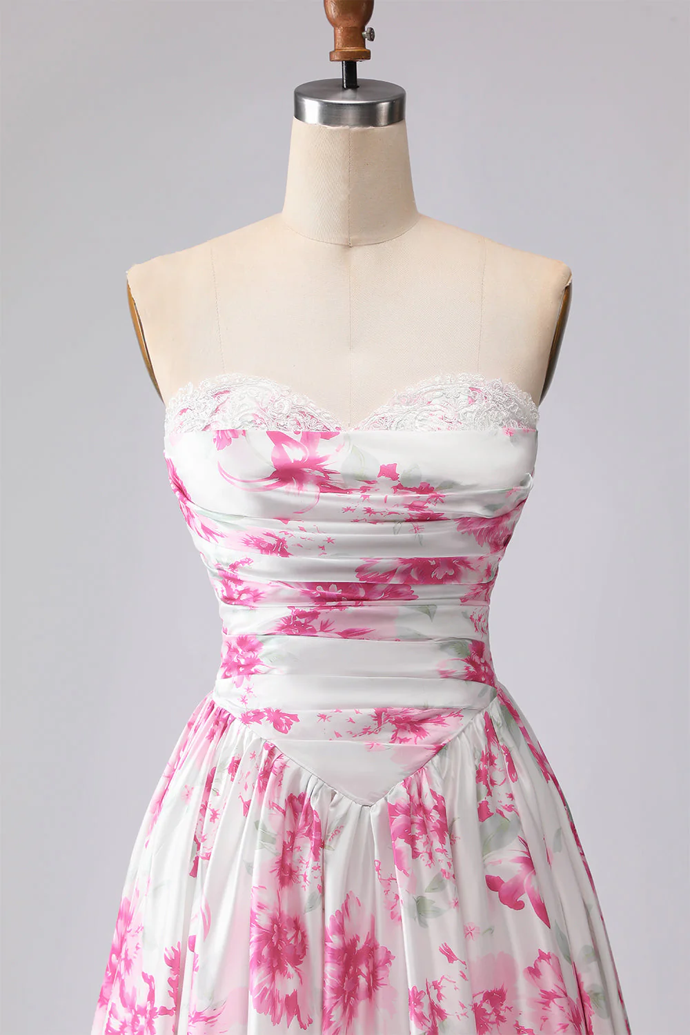 Strapless A-Line White Fuchsia Flower Printed Pleated Long Prom Dress - Image 4