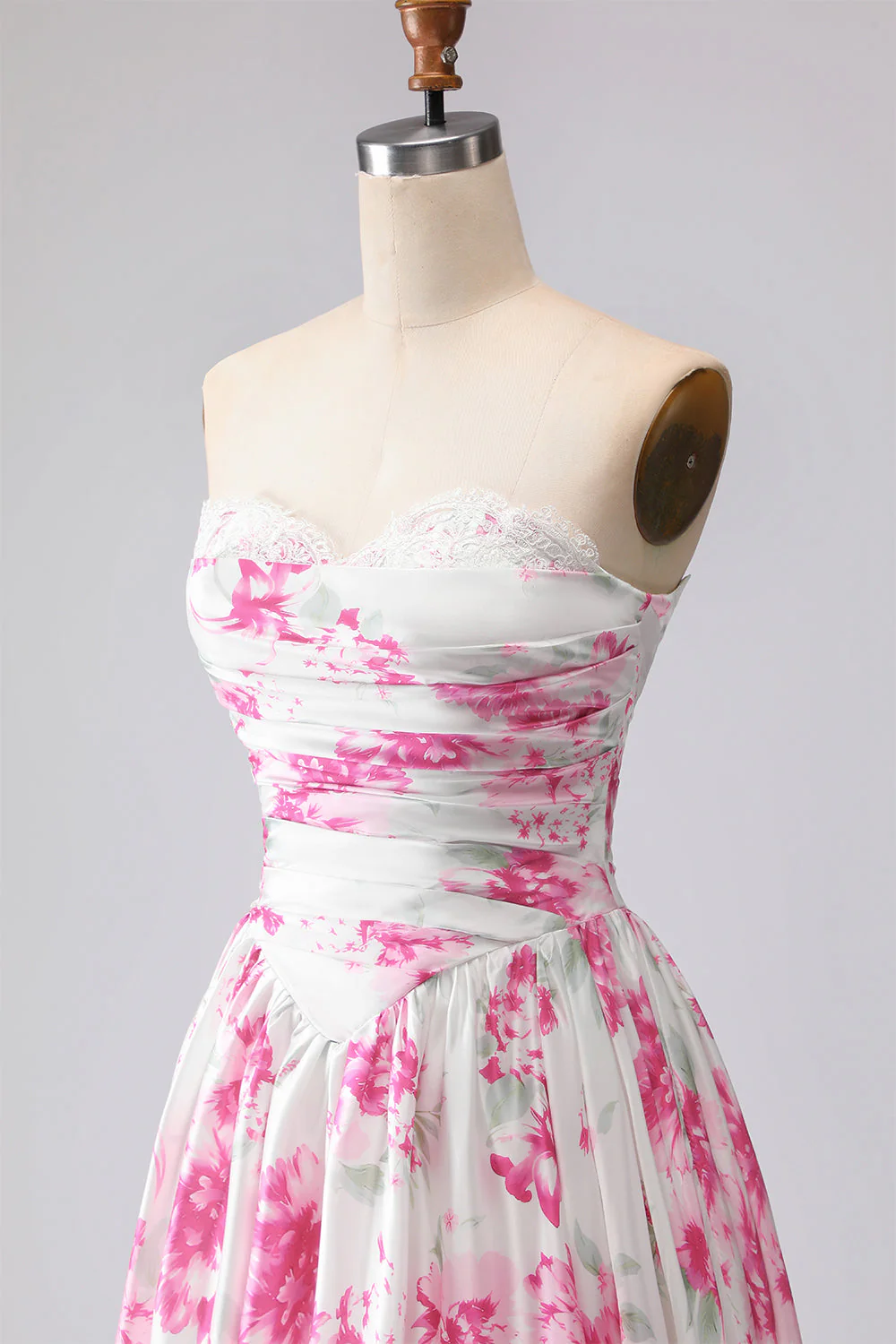 Strapless A-Line White Fuchsia Flower Printed Pleated Long Prom Dress - Image 5