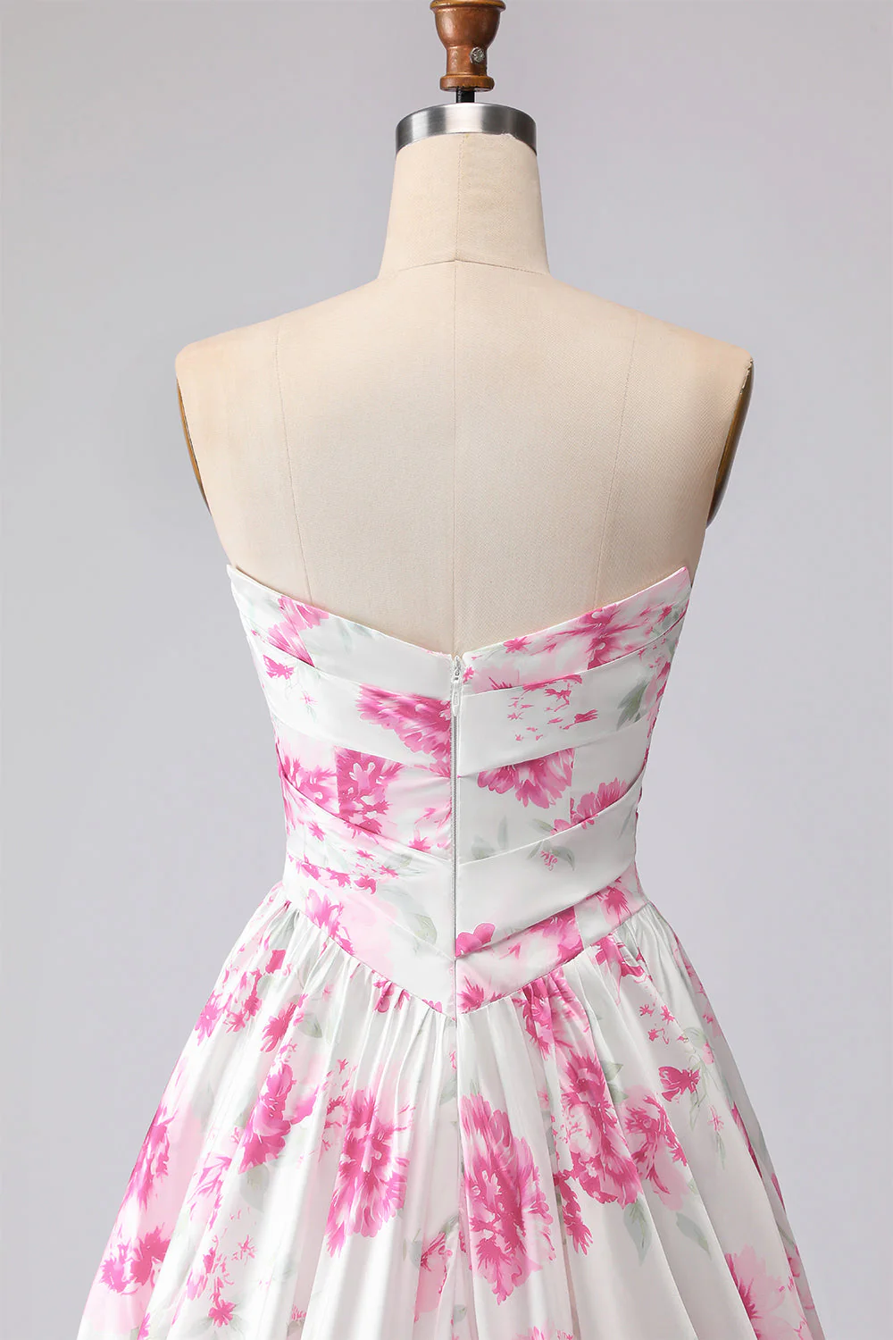 Strapless A-Line White Fuchsia Flower Printed Pleated Long Prom Dress - Image 6