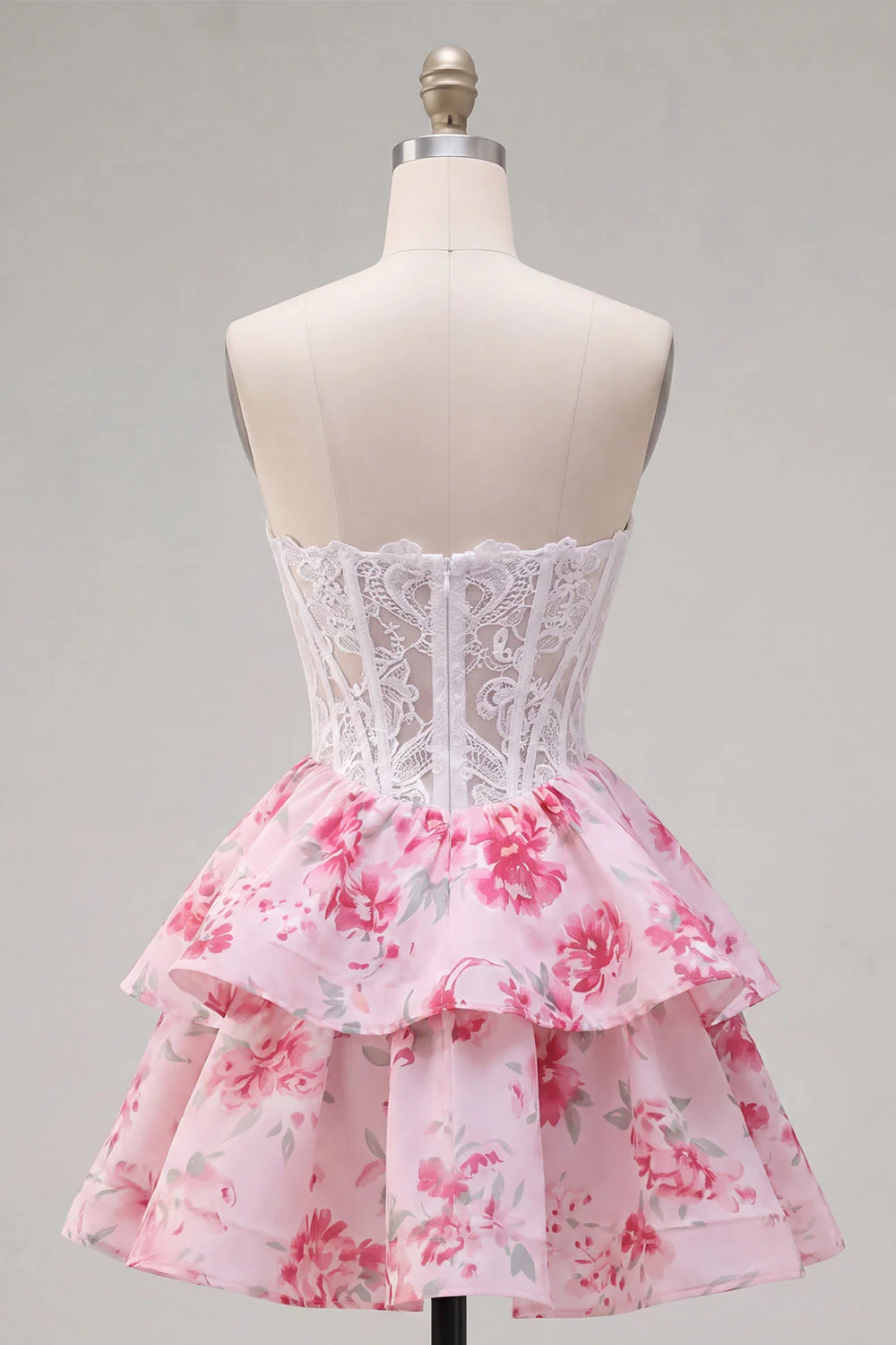 Sweetheart White Fuchsia Flower A Line Corset Cute Cocktail Dress with Ruffles - Image 2