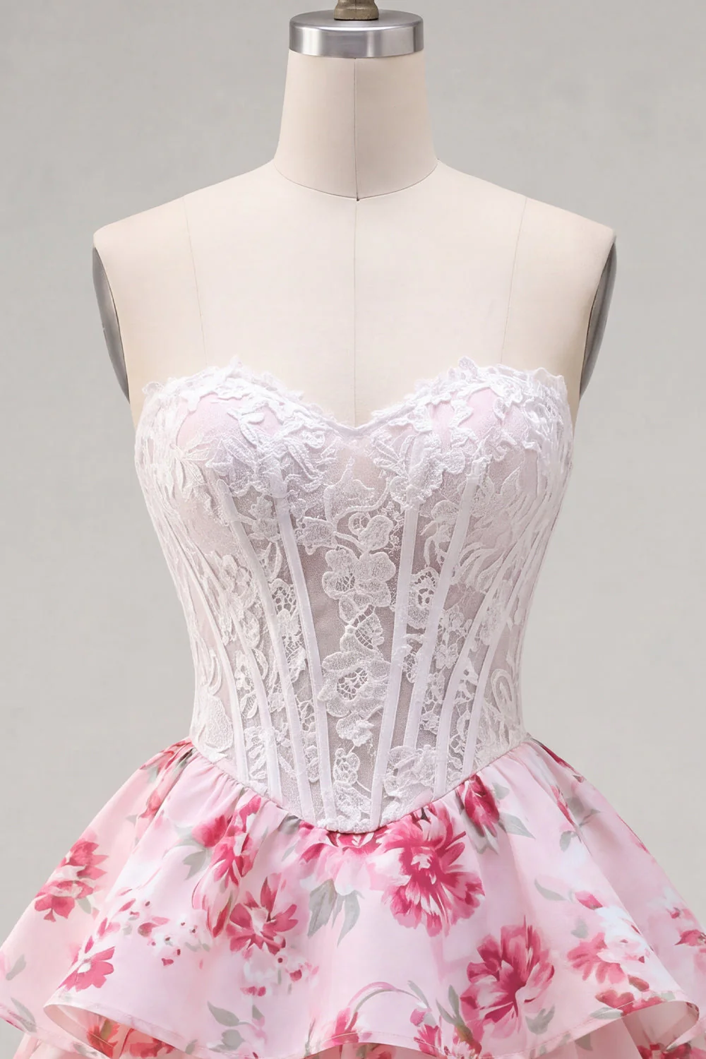 Sweetheart White Fuchsia Flower A Line Corset Cute Cocktail Dress with Ruffles - Image 5