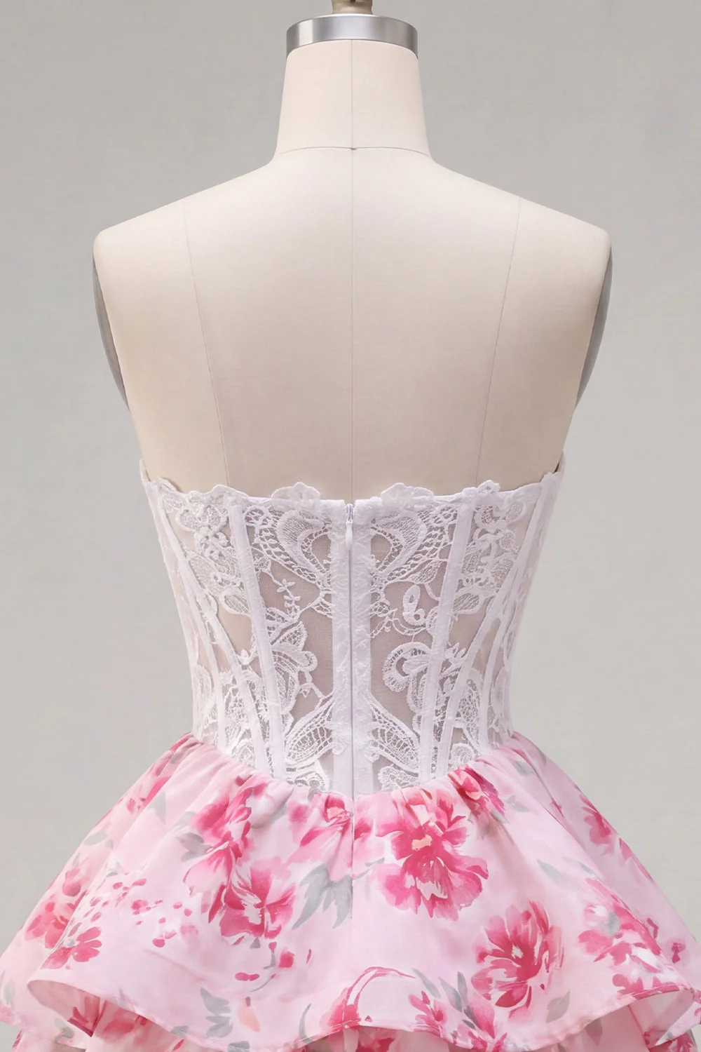 Sweetheart White Fuchsia Flower A Line Corset Cute Cocktail Dress with Ruffles - Image 6