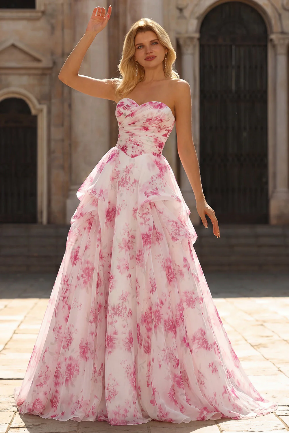 White Fuchsia Flower Strapless Basque Waist A-Line Long Prom Dress - Image 3