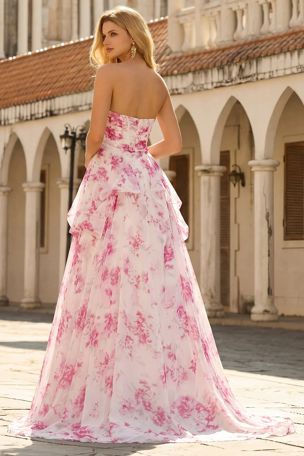 White Fuchsia Flower Strapless Basque Waist A-Line Long Prom Dress - Image 4