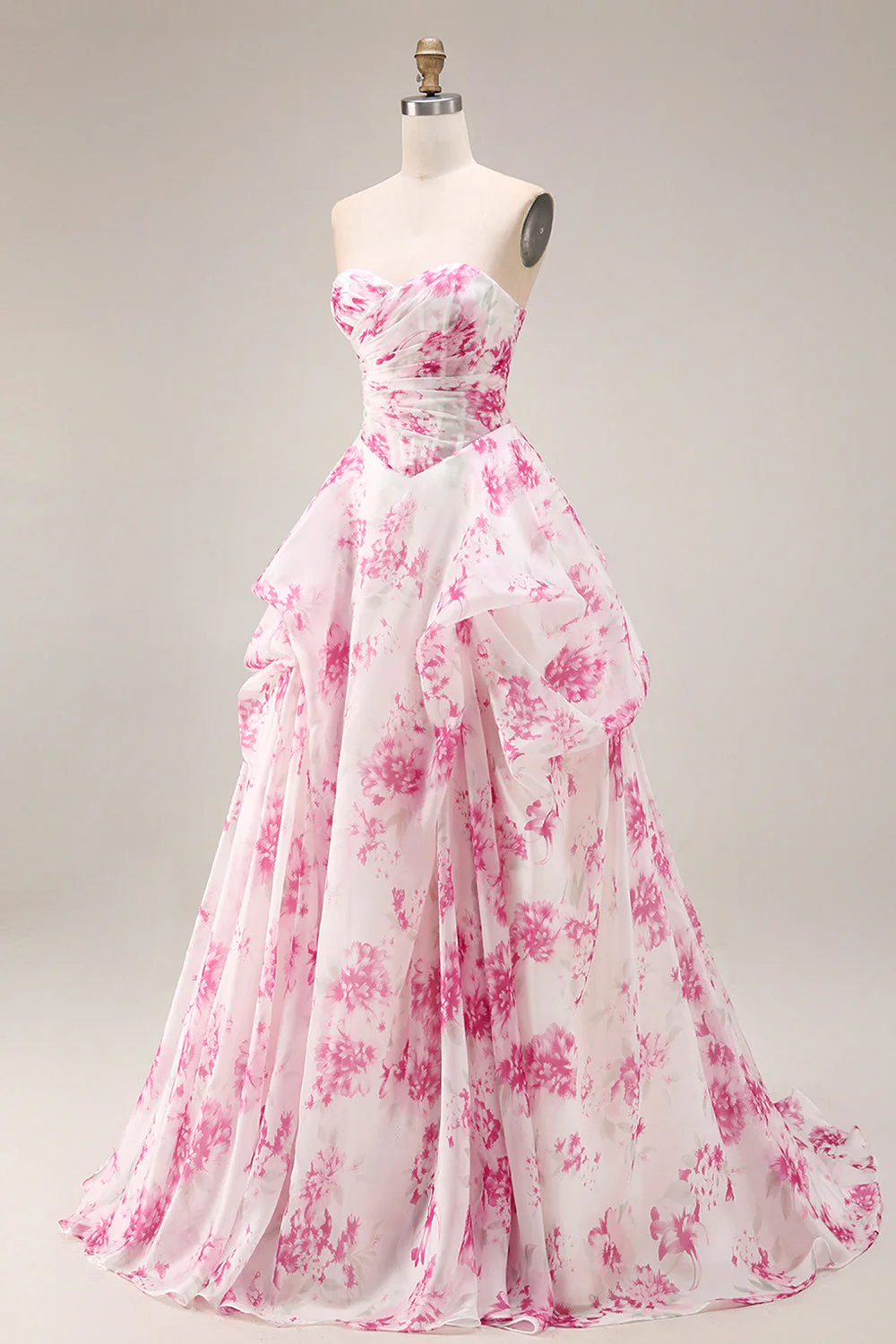 White Fuchsia Flower Strapless Basque Waist A-Line Long Prom Dress - Image 5