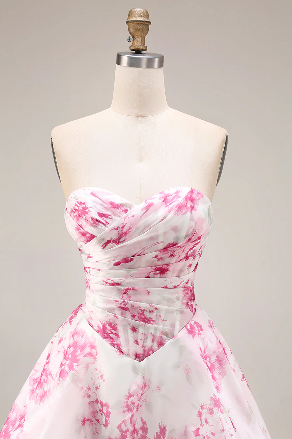 White Fuchsia Flower Strapless Basque Waist A-Line Long Prom Dress - Image 6