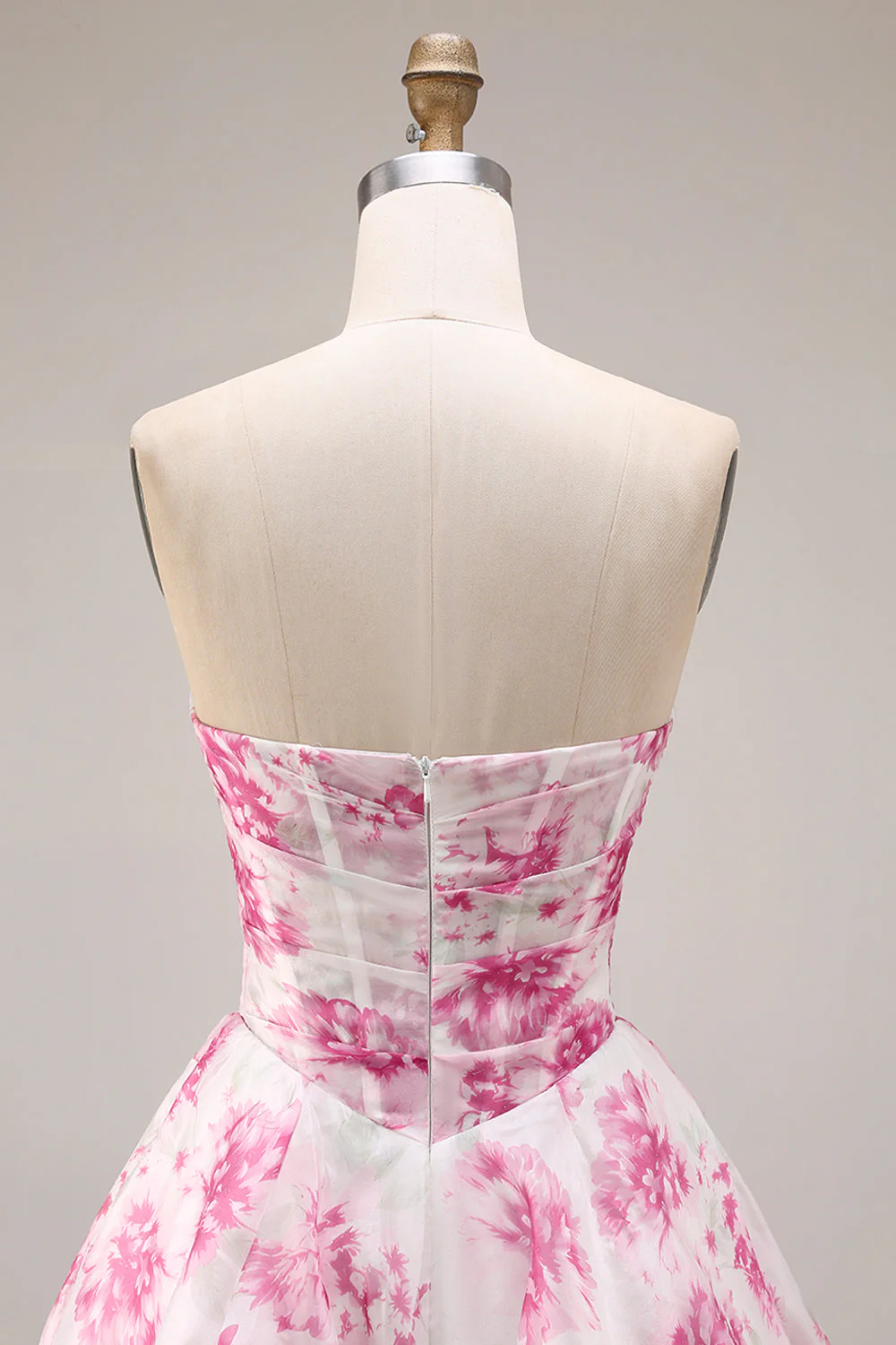 White Fuchsia Flower Strapless Basque Waist A-Line Long Prom Dress - Image 7