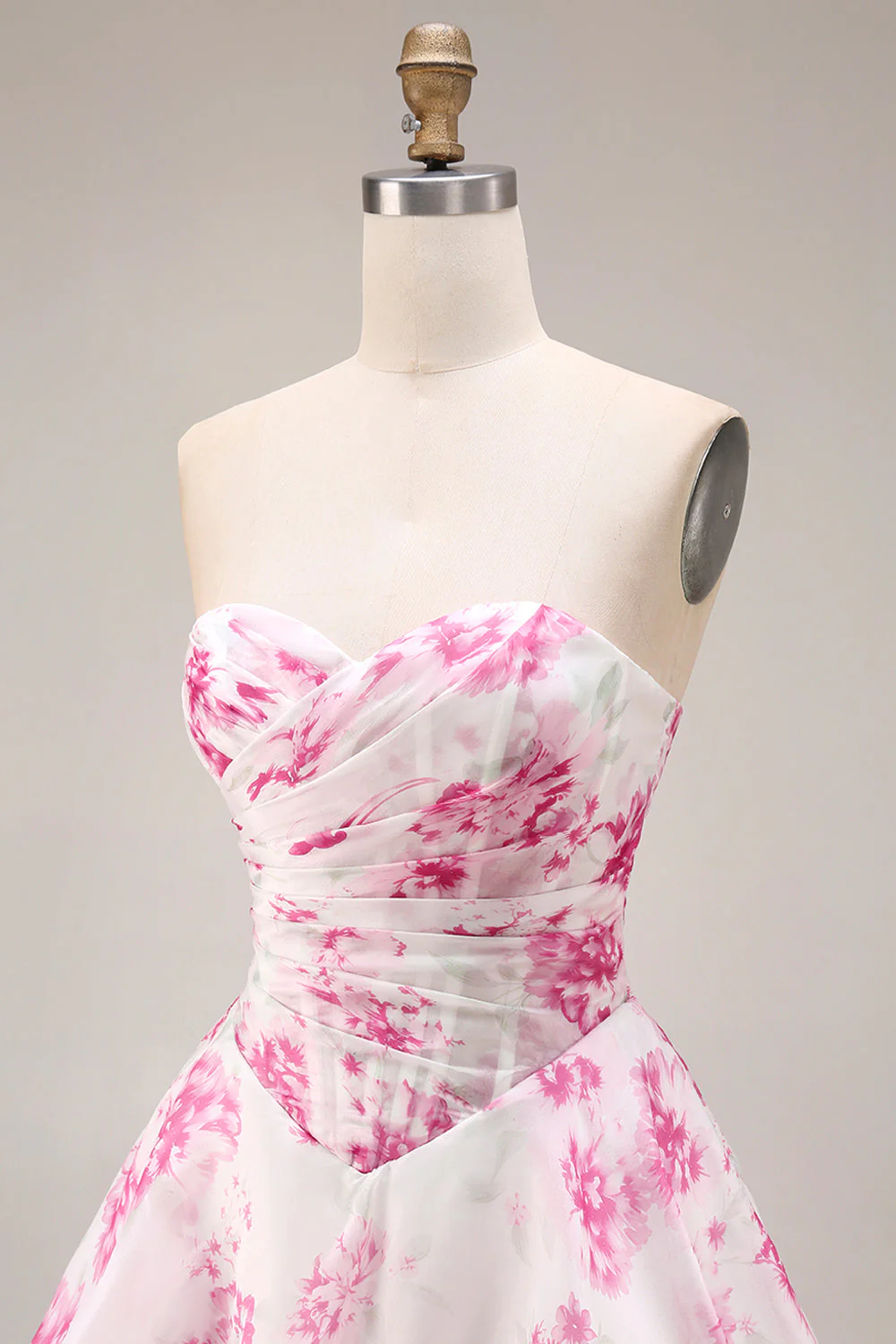 White Fuchsia Flower Strapless Basque Waist A-Line Long Prom Dress - Image 8